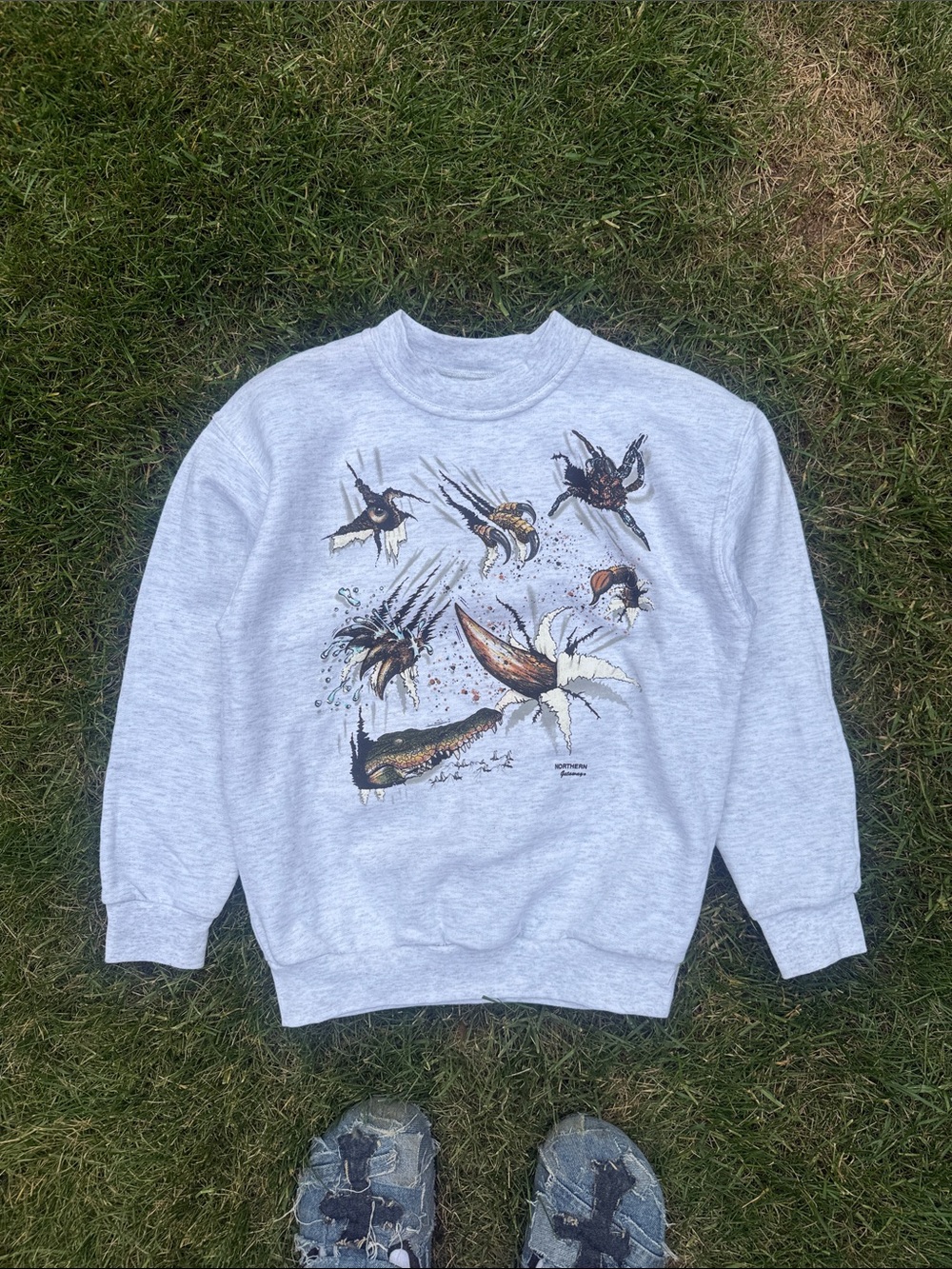 Light Gray Crewneck Sweatshirt with Fishing Fly Graphic